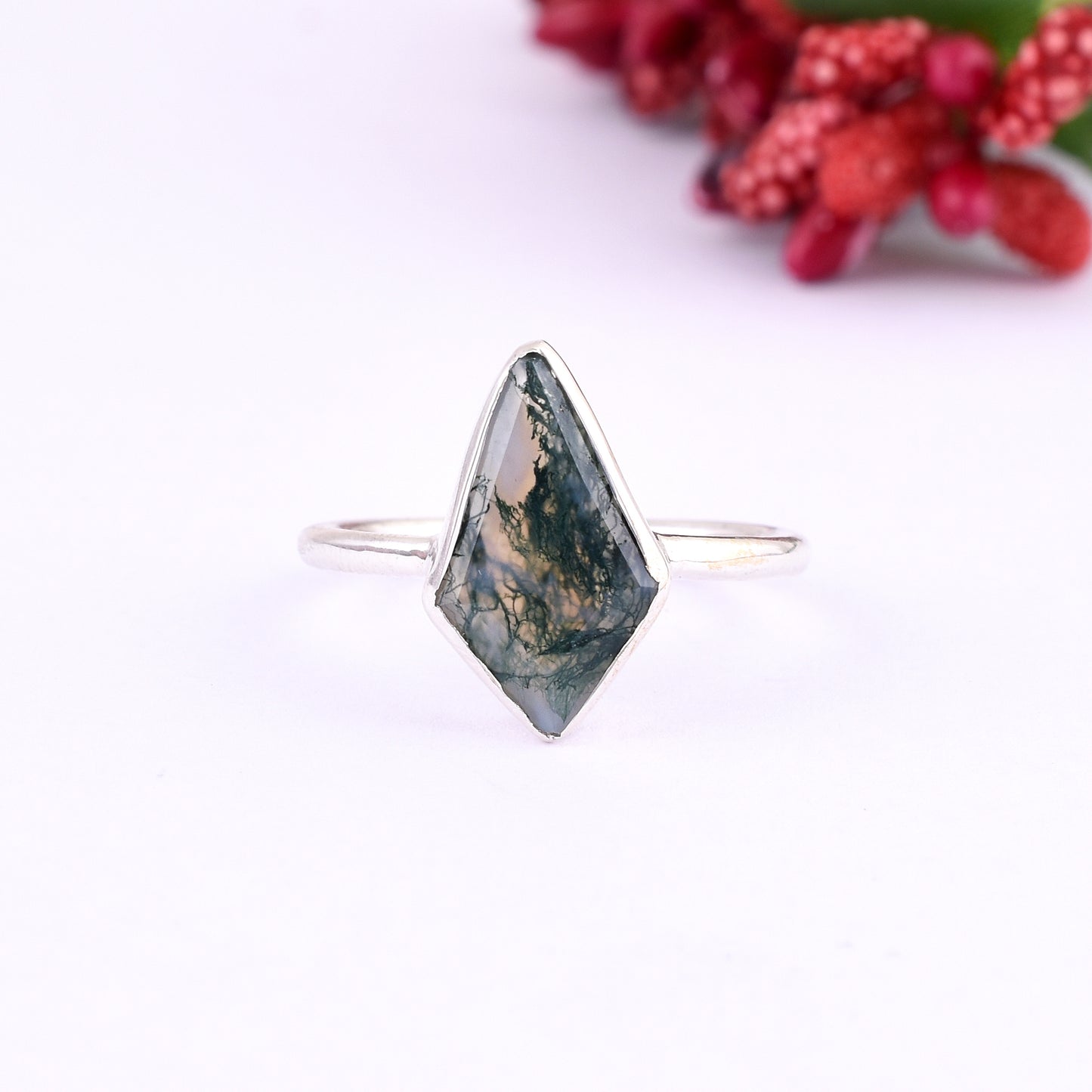 Natural Moss Agate Ring, 925 Sterling Silver Ring, Gemstone Ring, Boho Ring, Moss Agate Jewelry, Stacking Ring, Gift Your Valentine.