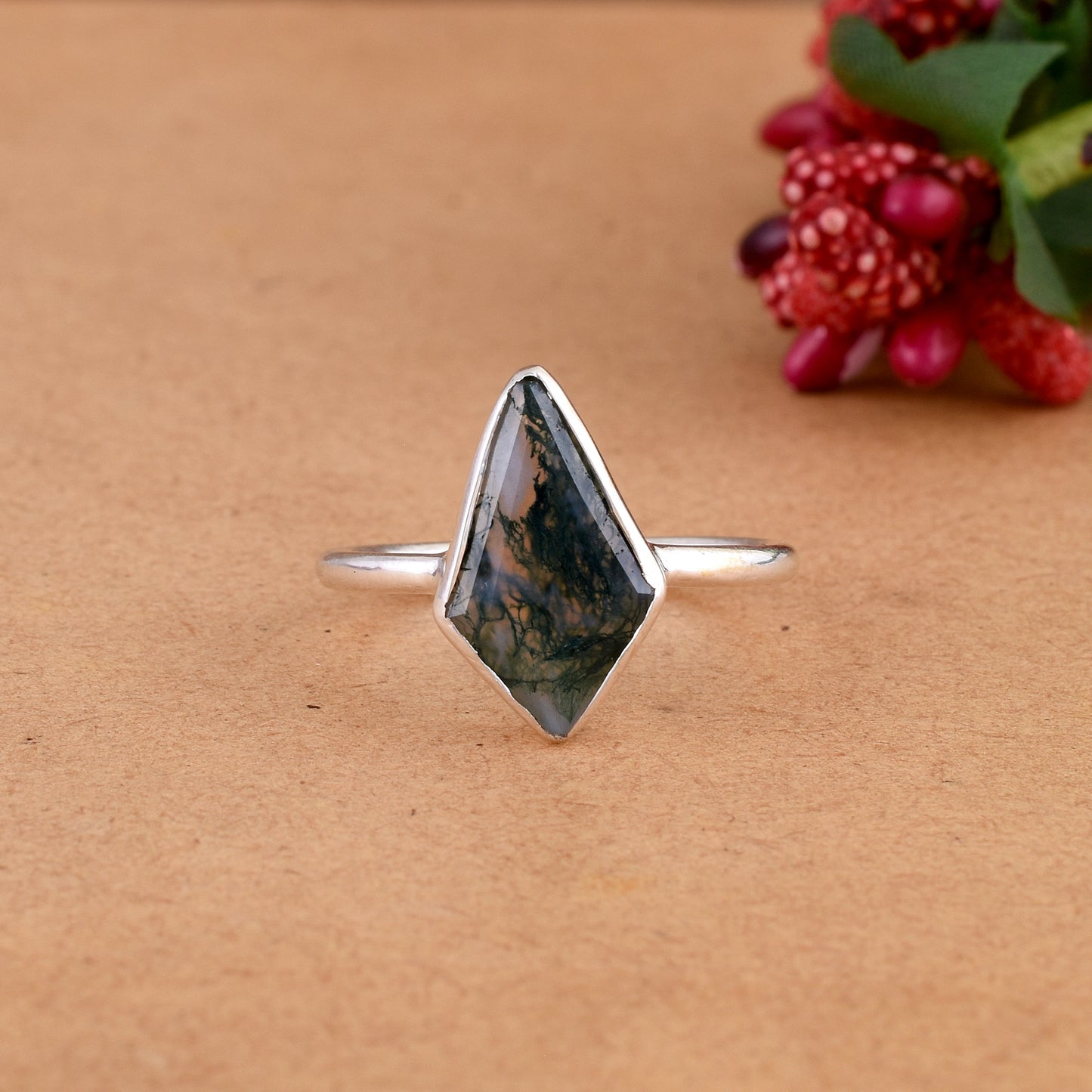Natural Moss Agate Ring, 925 Sterling Silver Ring, Gemstone Ring, Boho Ring, Moss Agate Jewelry, Stacking Ring, Gift Your Valentine.