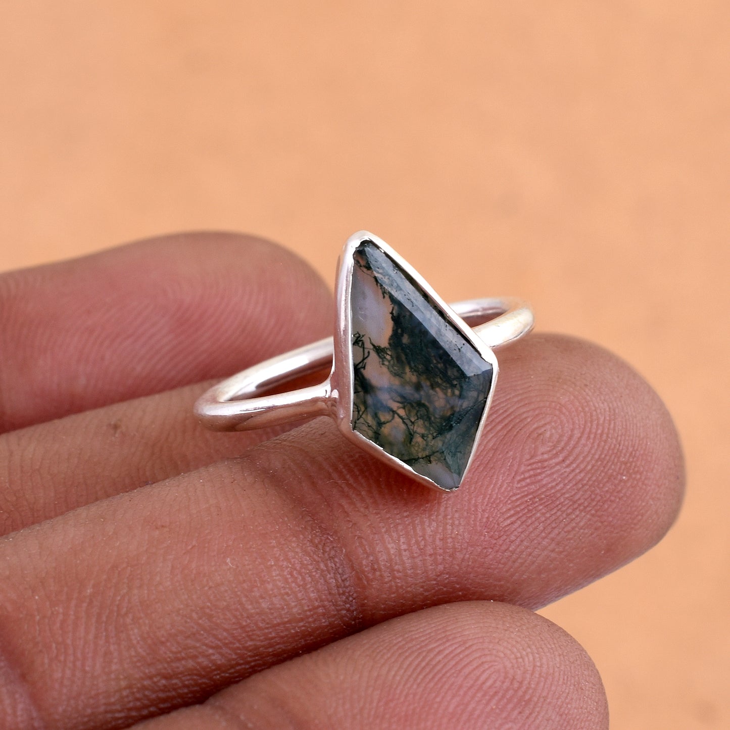 Natural Moss Agate Ring, 925 Sterling Silver Ring, Gemstone Ring, Boho Ring, Moss Agate Jewelry, Stacking Ring, Gift Your Valentine.
