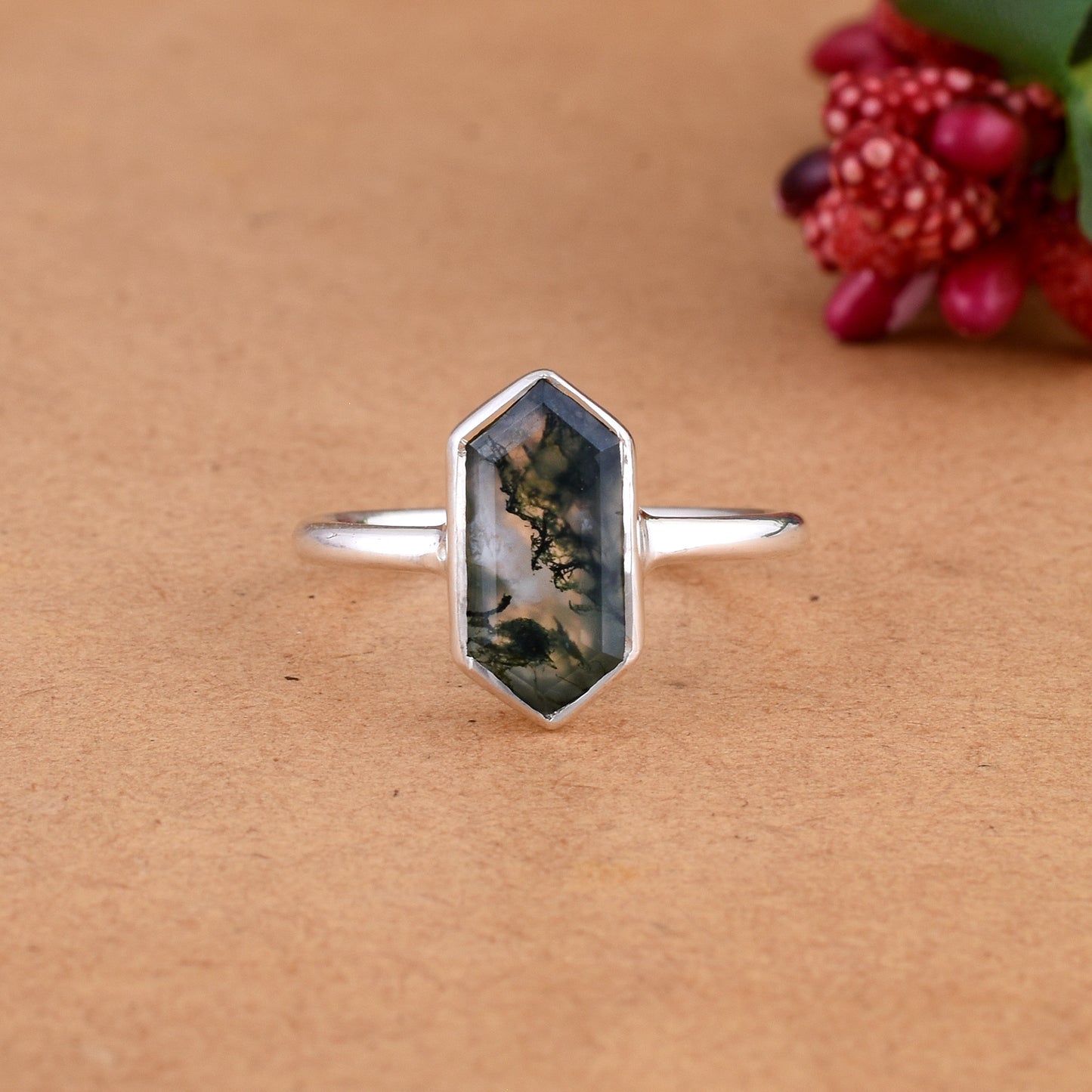 Natural Moss Agate Ring, 925 Sterling Silver Ring, Gemstone Ring, Boho Ring, Moss Agate Jewelry, Stacking Ring, Gift Your Valentine.