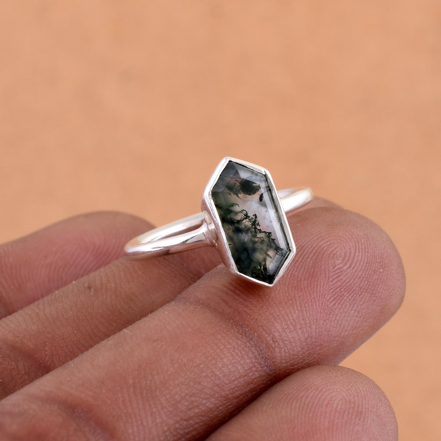 Natural Moss Agate Ring, 925 Sterling Silver Ring, Gemstone Ring, Boho Ring, Moss Agate Jewelry, Stacking Ring, Gift Your Valentine.