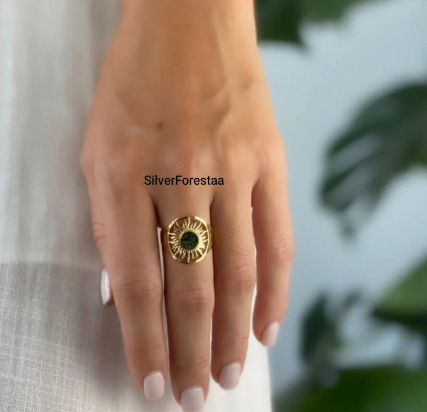 Natural Moldavite Silver Ring