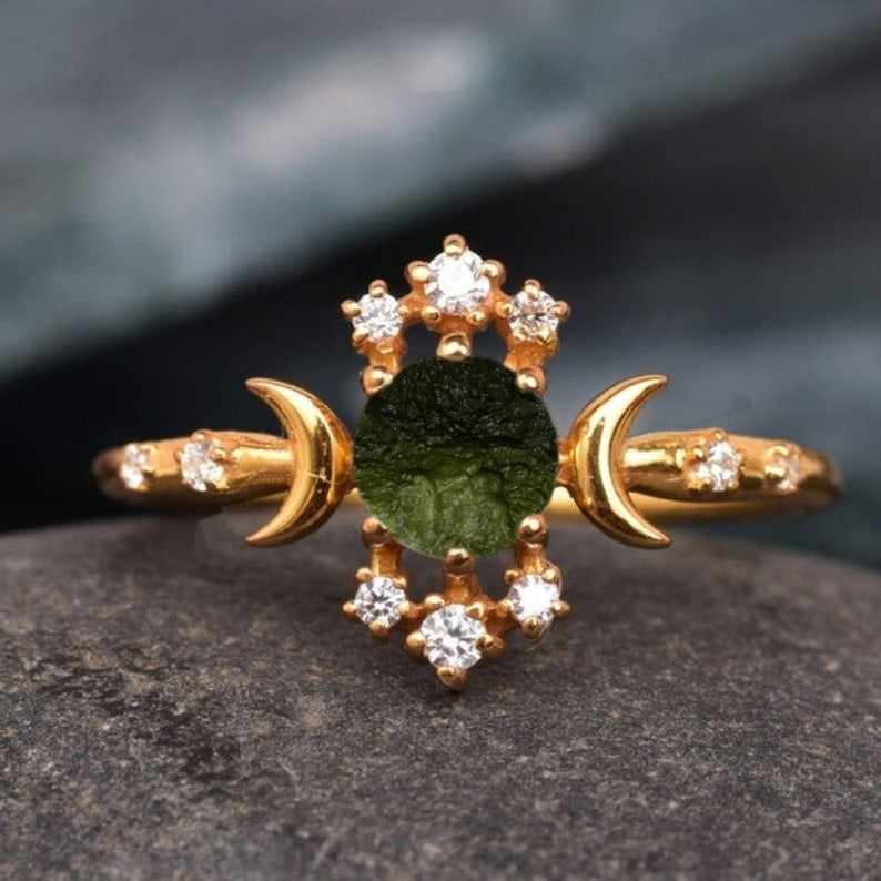 Raw Moldavite Ring in 925 Sterling Silver