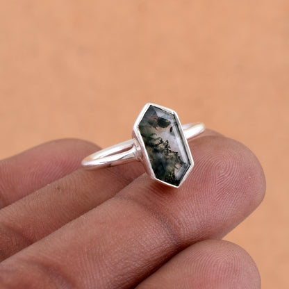 Natural Moss Agate Ring, 925 Sterling Silver Ring, Gemstone Ring, Boho Ring, Moss Agate Jewelry, Stacking Ring, Gift Your Valentine.