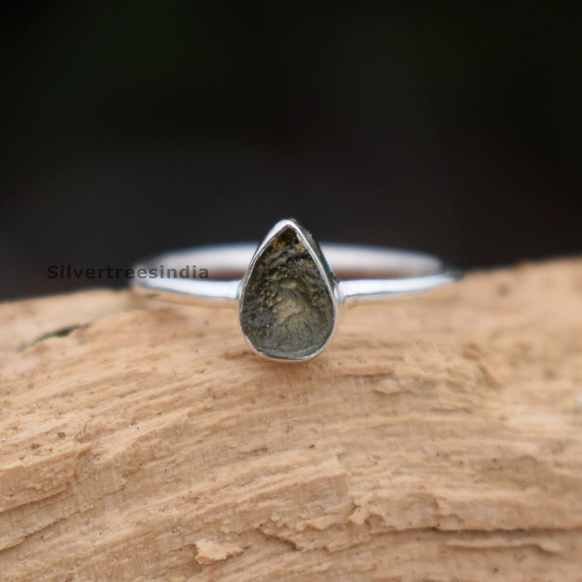 Natural Moldavite Silver Ring