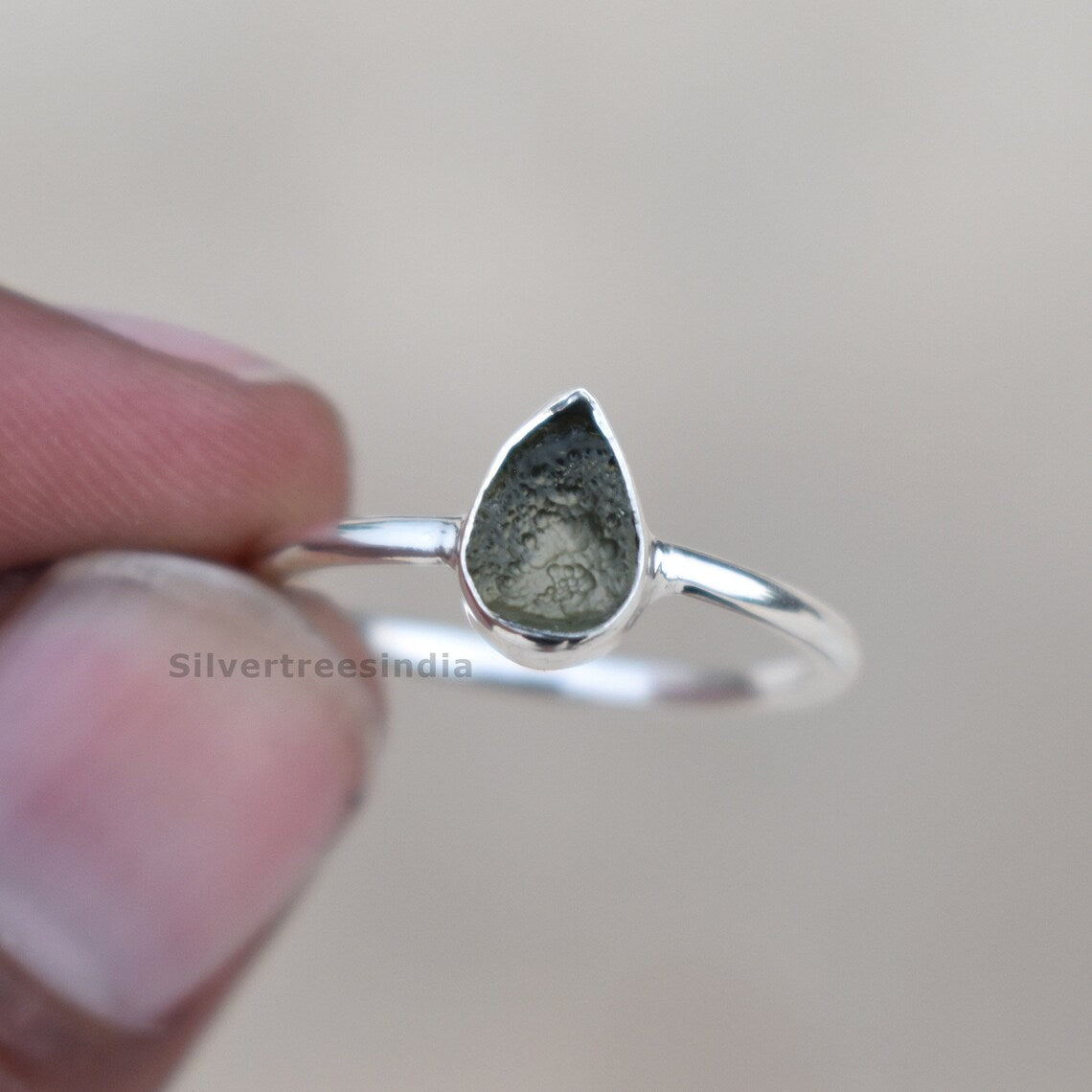 Natural Moldavite Silver Ring